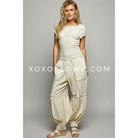 POL Natural Cream Convertible Joggers to Bloomers | Floral Patchwork Pants - Picture 9 of 10